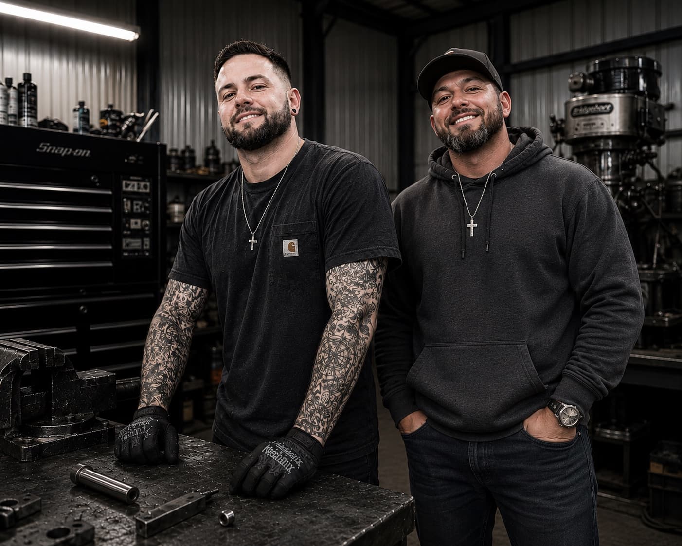 The two brothers and founders of Blue Collar Peptides in a blue-collar workshop