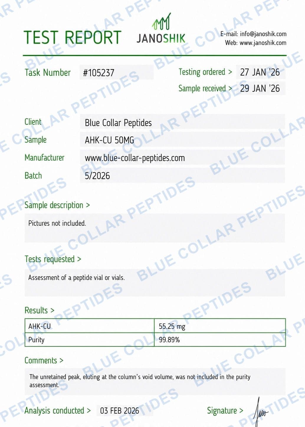AHK-Cu 50 mg Janoshik analytical report task 105237