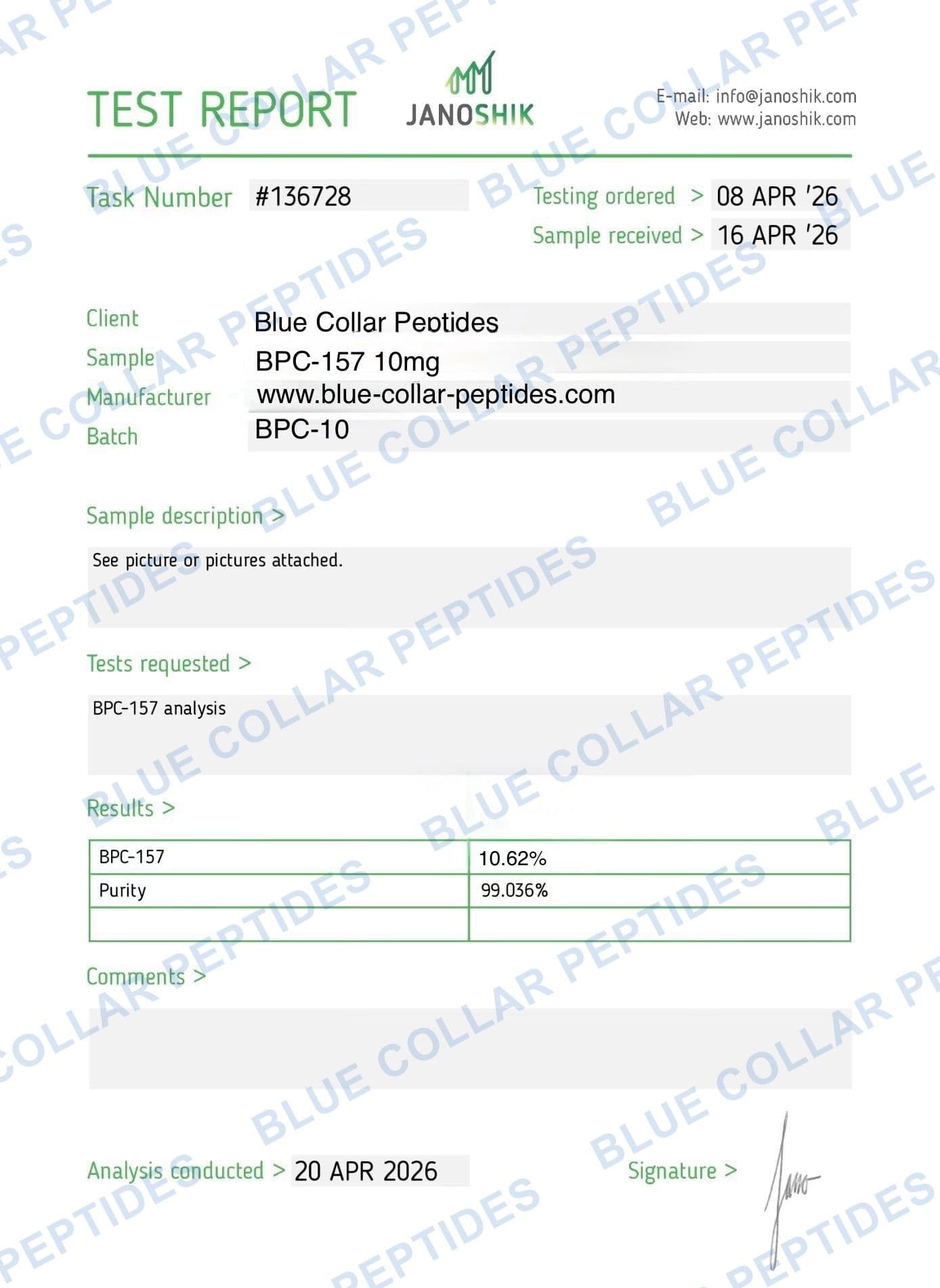BPC-157 10 mg Janoshik analytical report task 136728