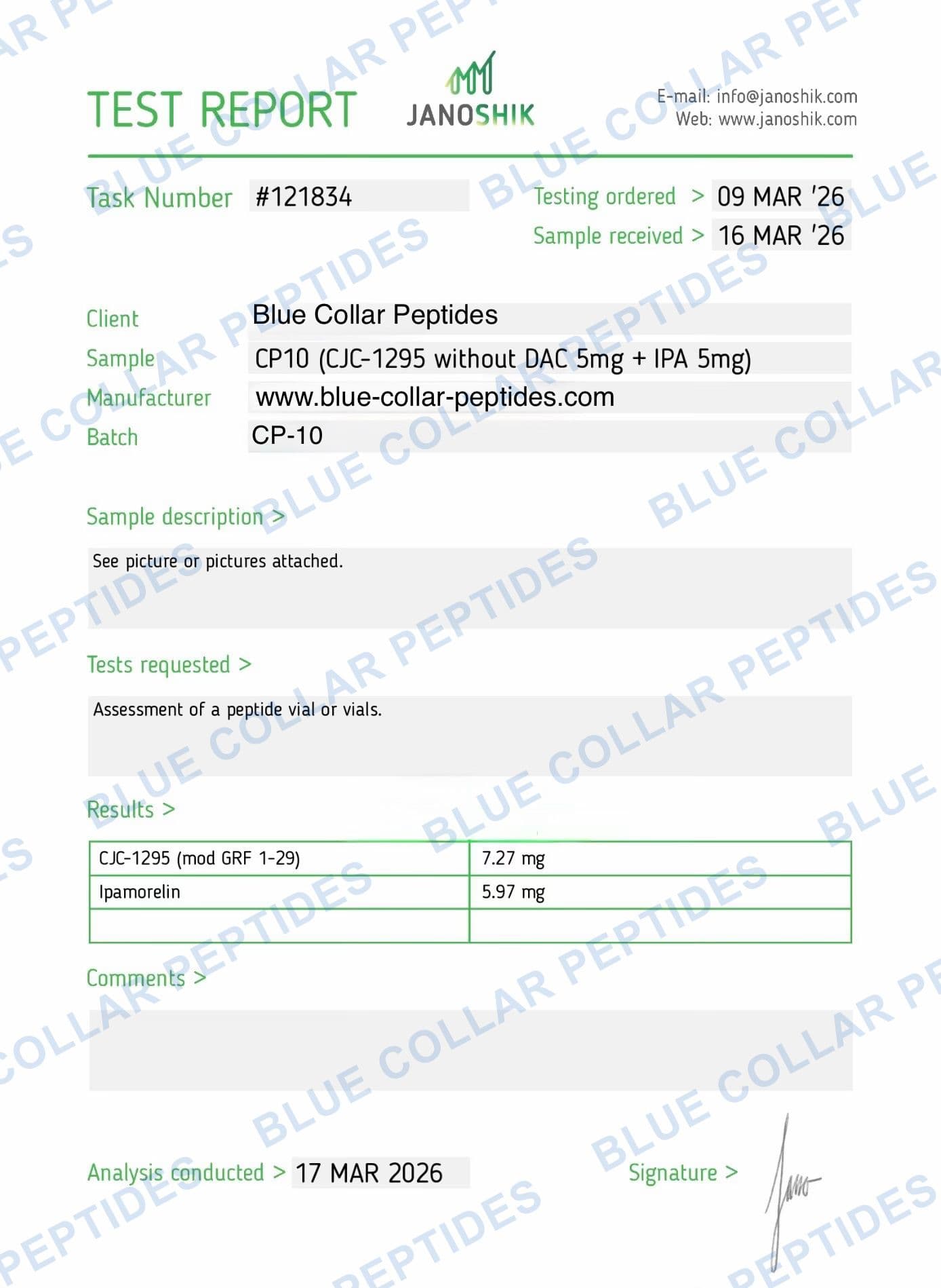CJC-1295 (No DAC) 5 mg + Ipamorelin 5 mg Janoshik analytical report task 121834