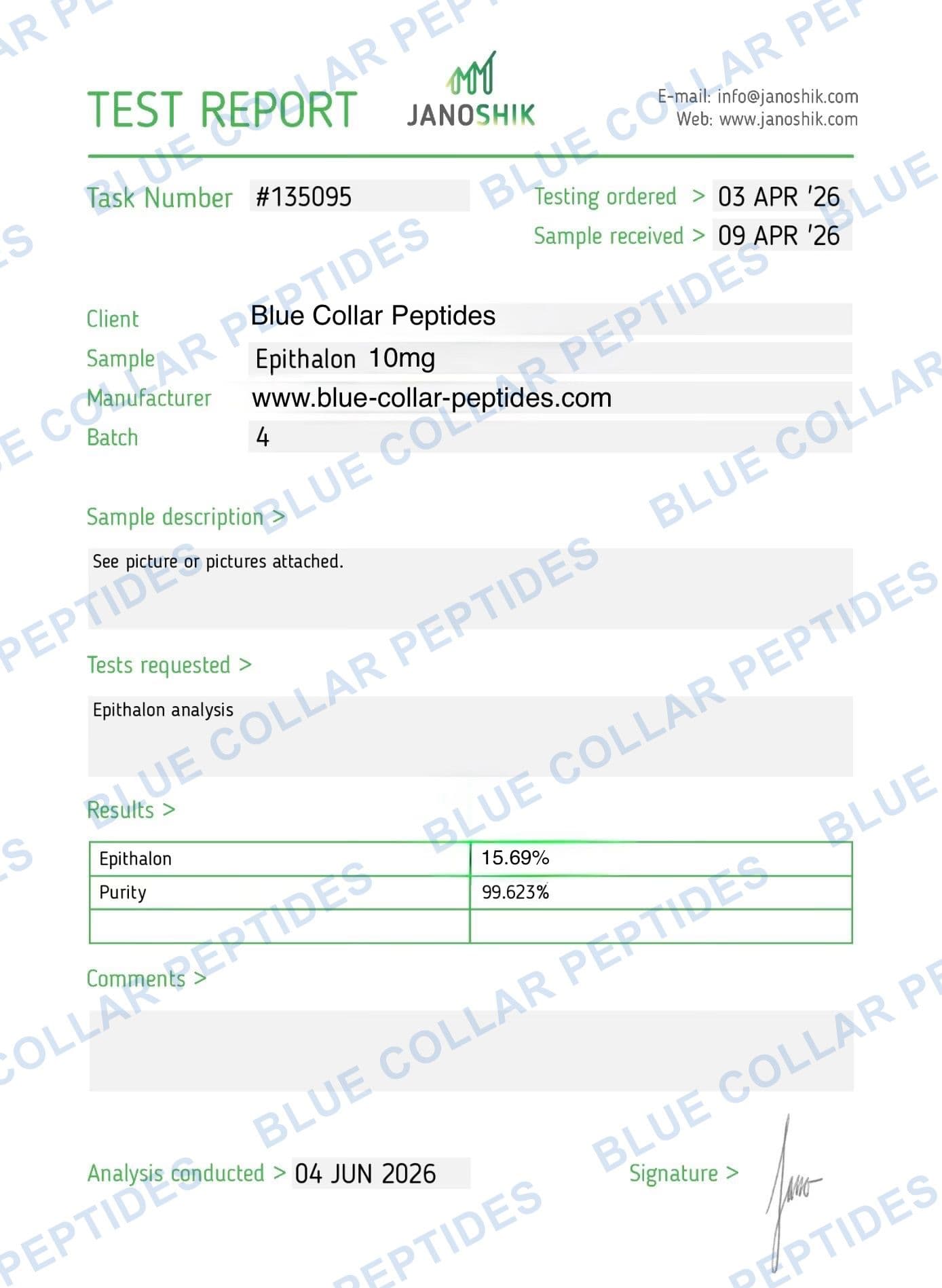 Epitalon 10 mg Janoshik analytical report task 135095