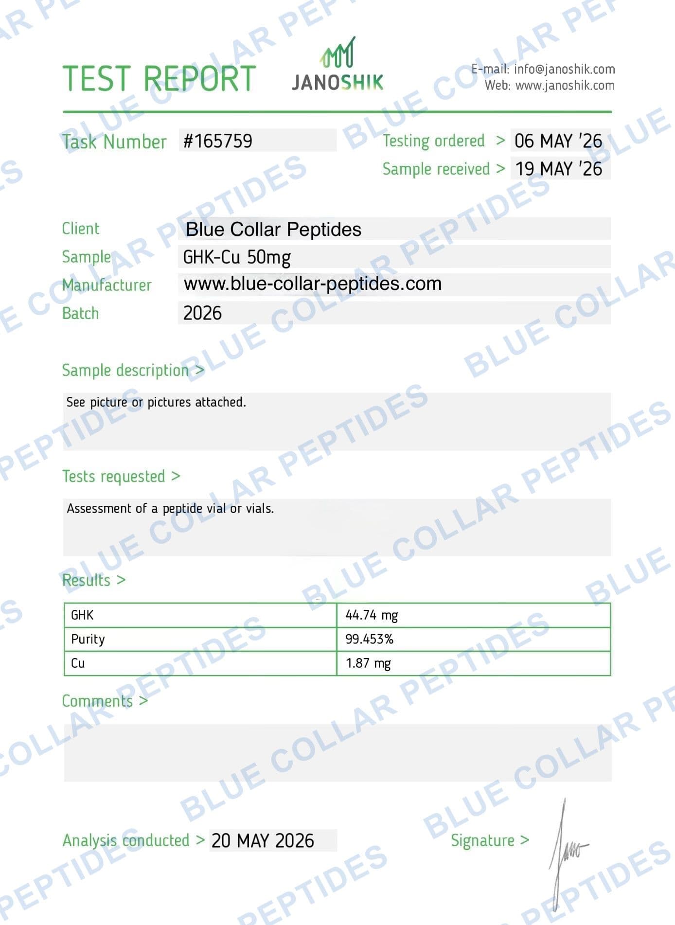 GHK-Cu 50 mg Janoshik analytical report task 165759