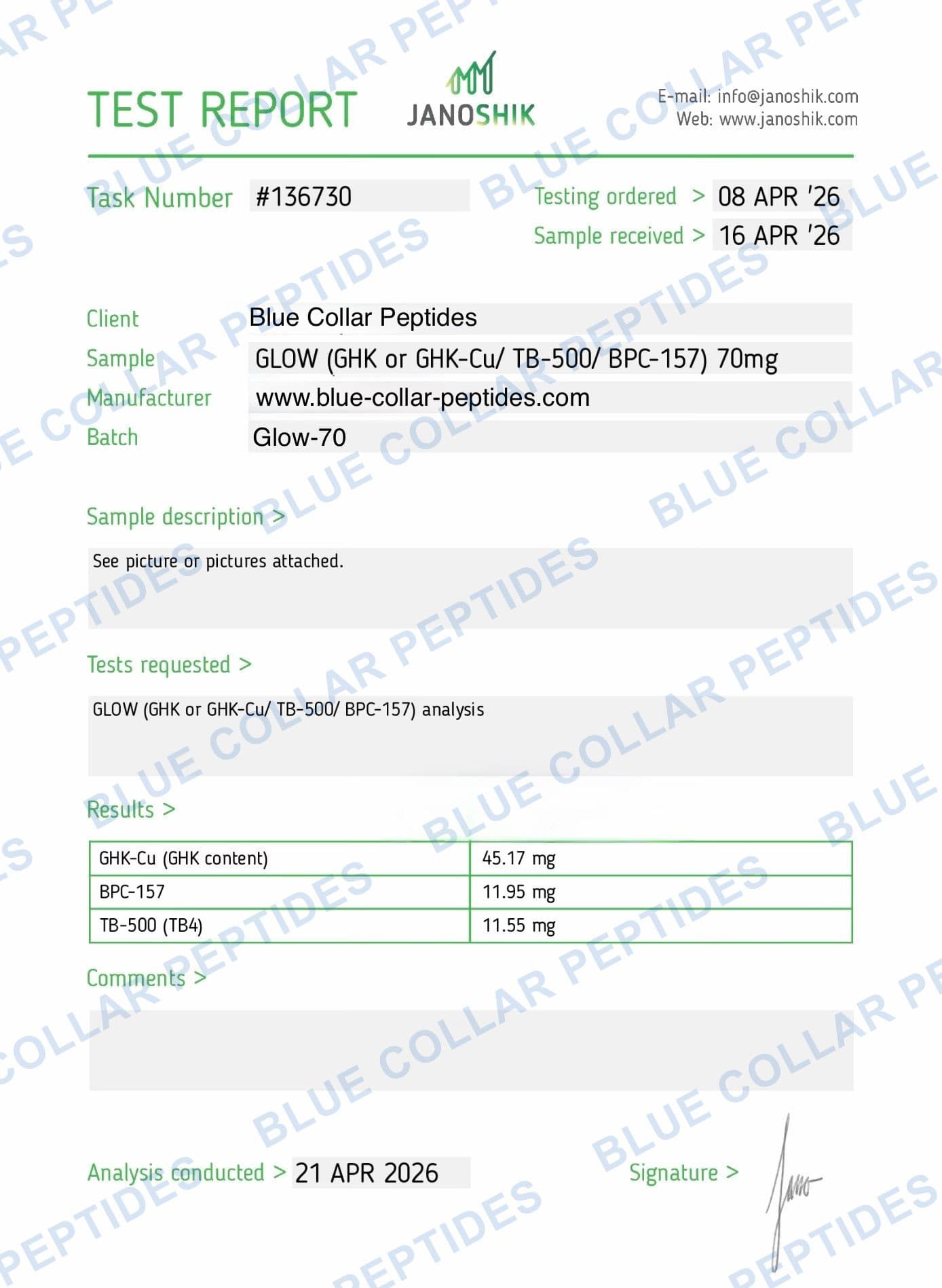 GLOW 70 mg Janoshik analytical report task 136730