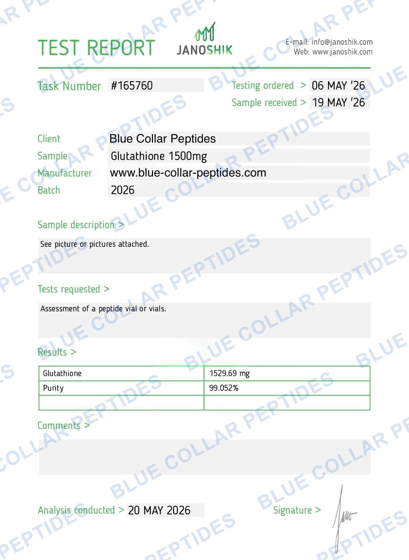 Glutathione 1,500 mg Janoshik analytical report task 165760
