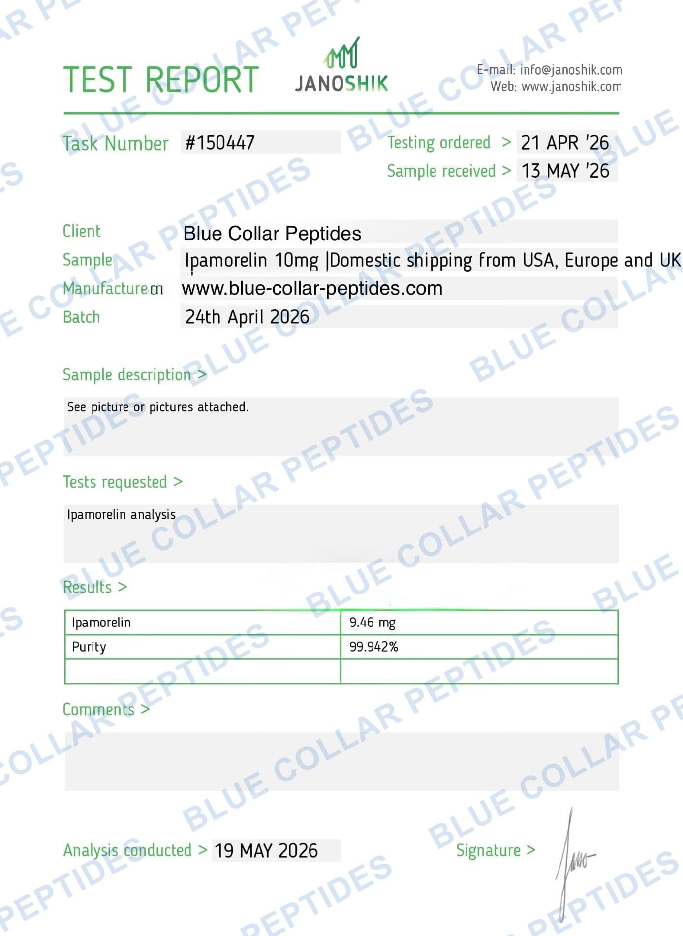 Ipamorelin 10 mg analytical report task 150447
