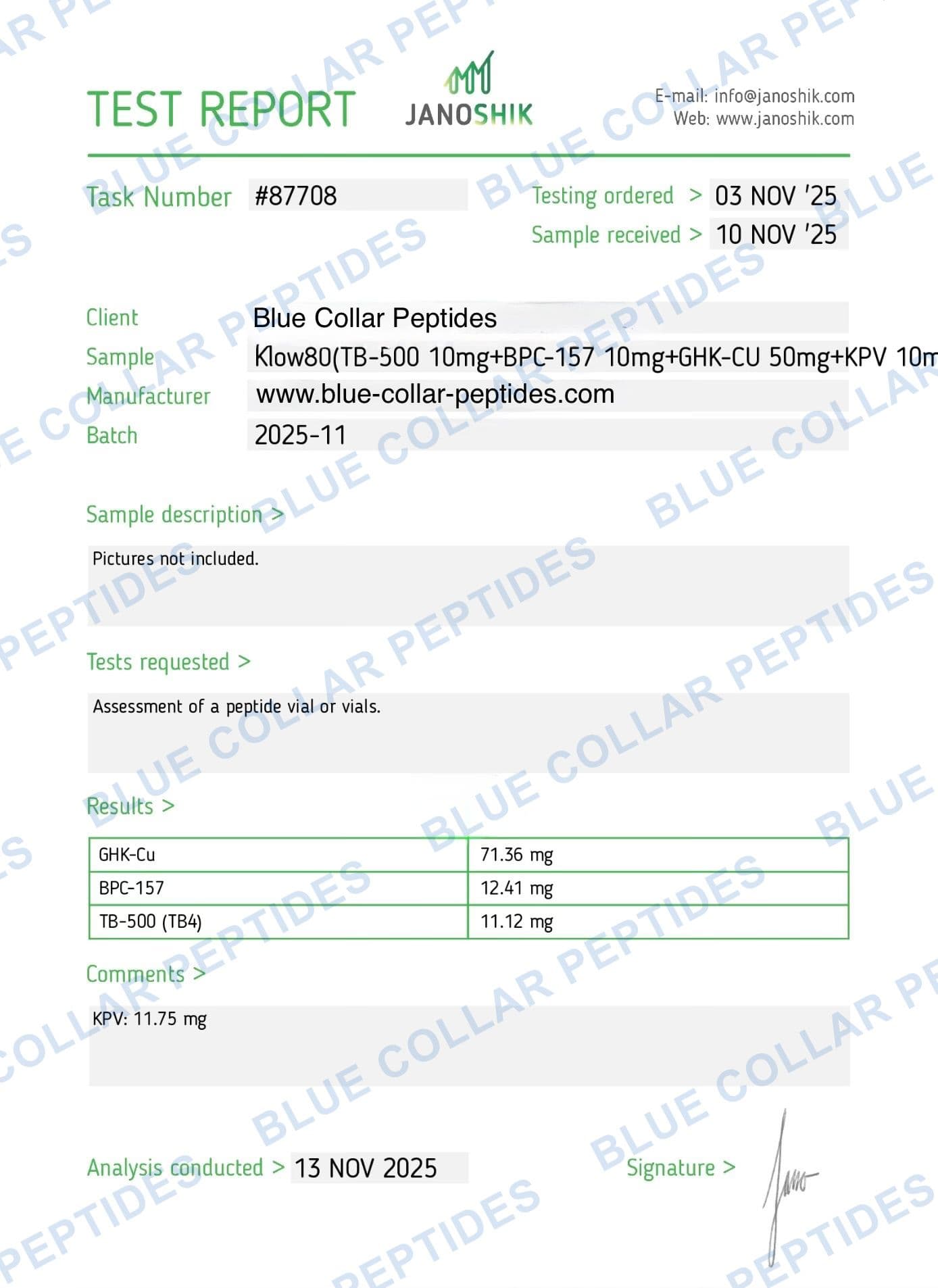 KLOW 80 mg Janoshik analytical report task 87708