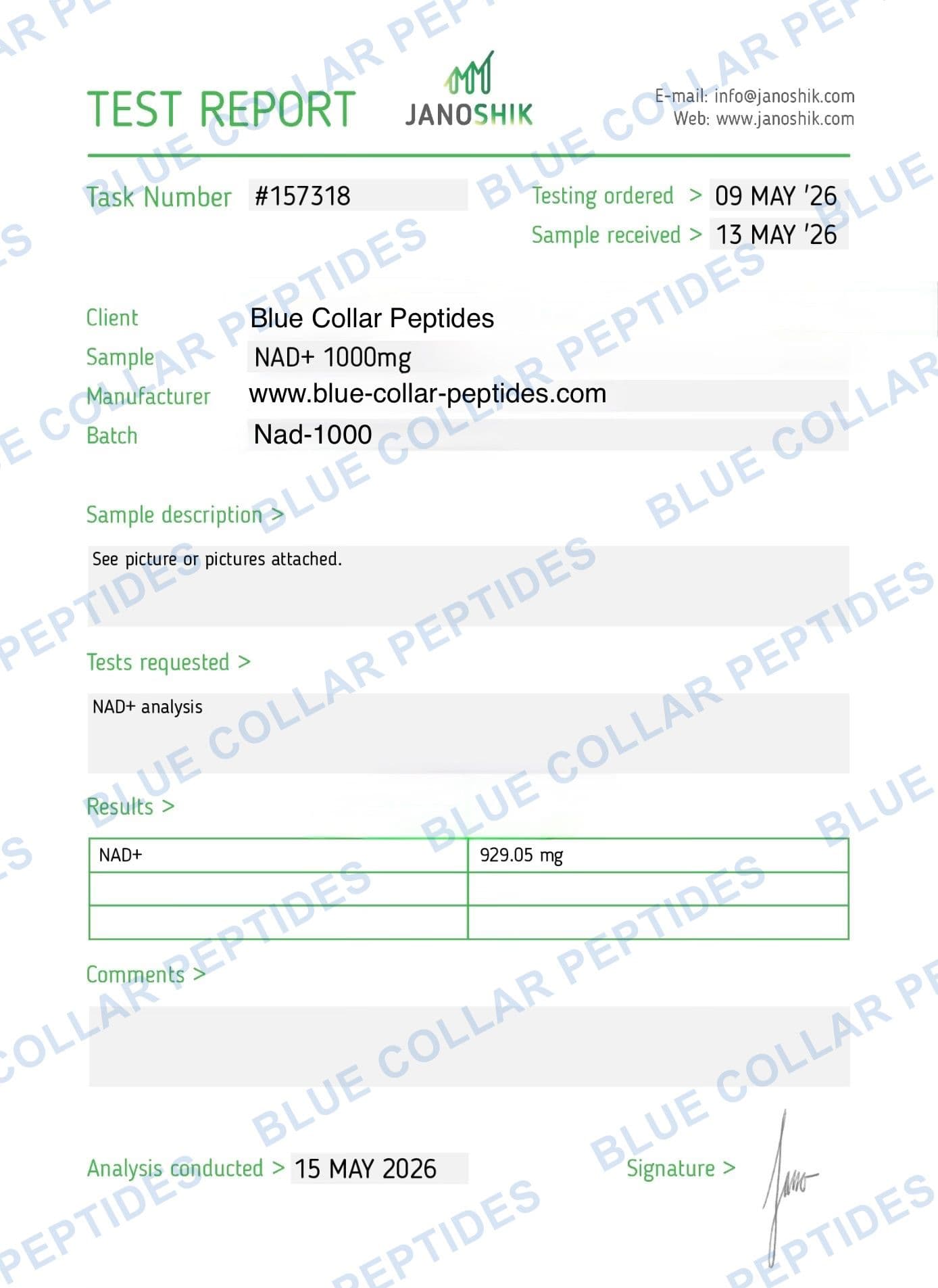 NAD+ 1,000 mg analytical report task 157318