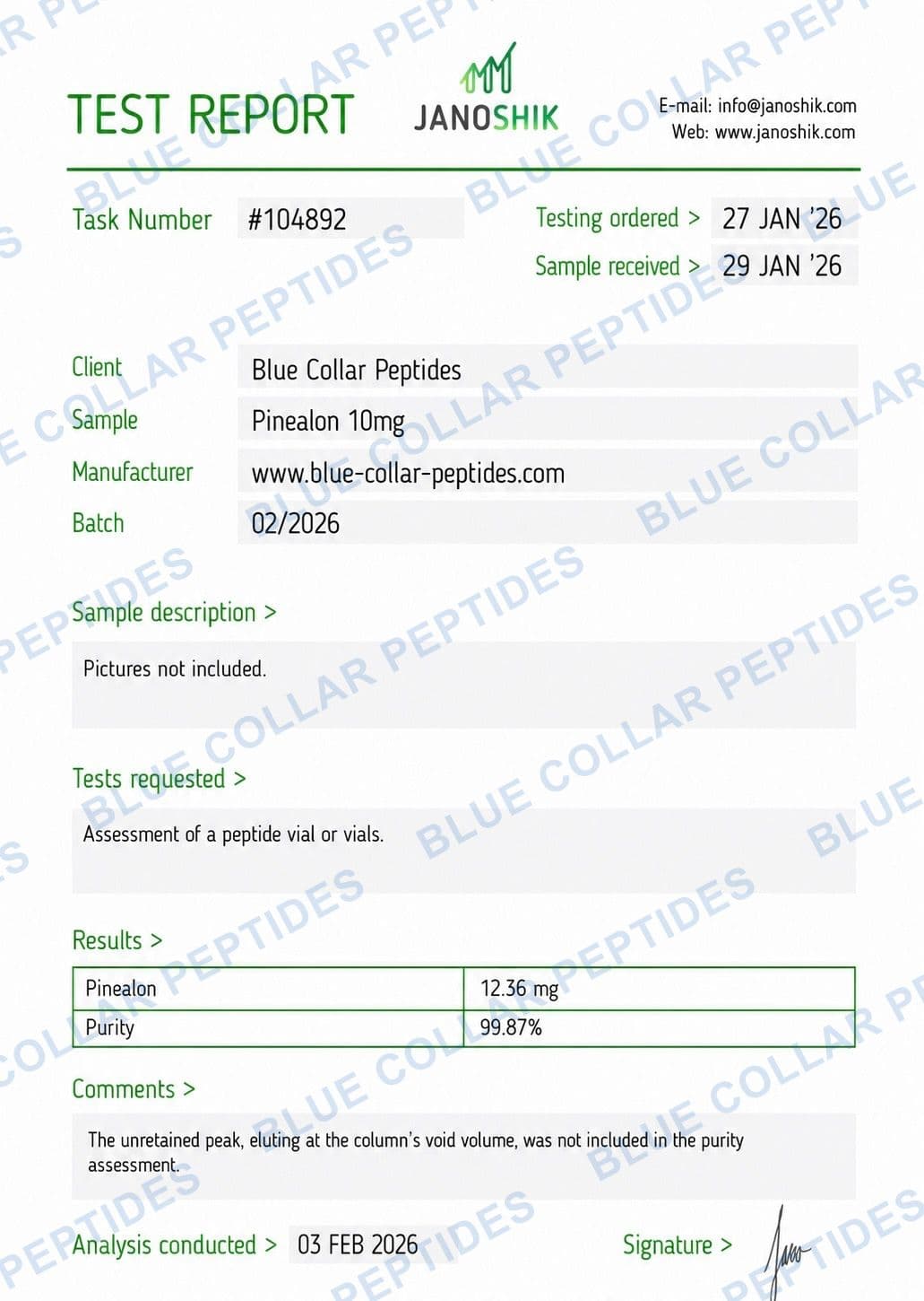 Pinealon 10 mg Janoshik analytical report task 104892
