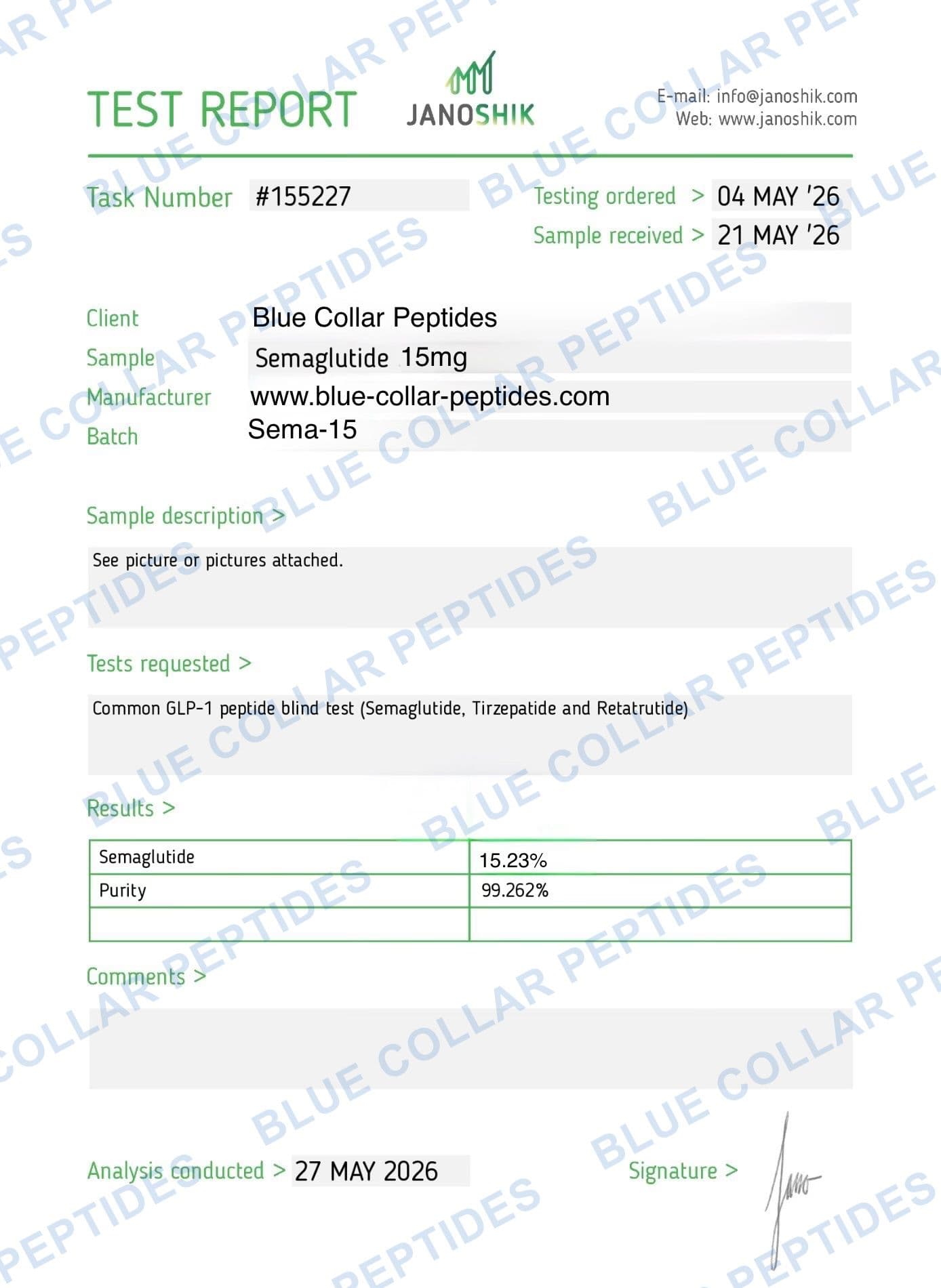 GLP-1SG 15 mg Janoshik analytical report task 155227