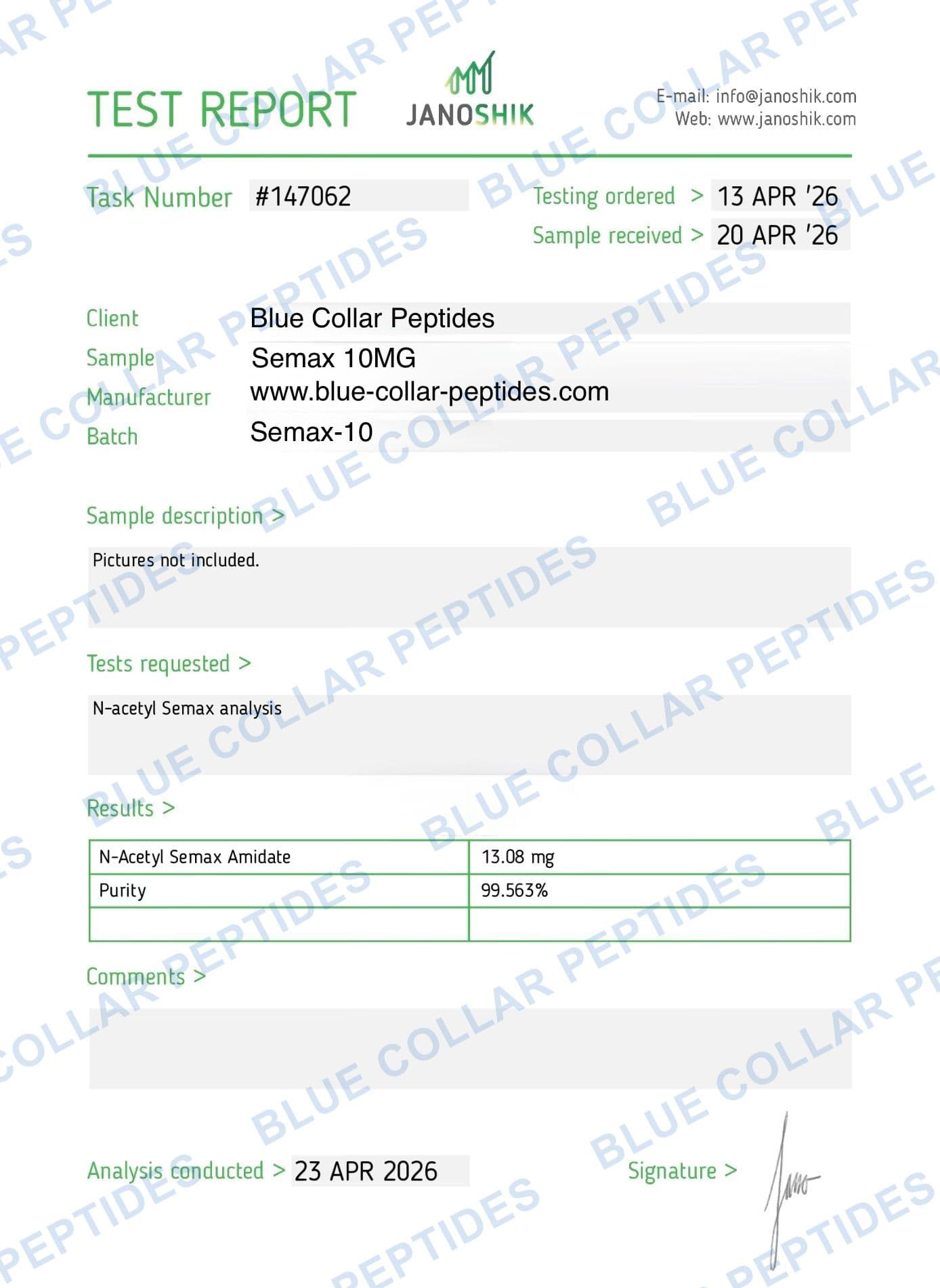 Semax 10 mg Janoshik analytical report task 147062