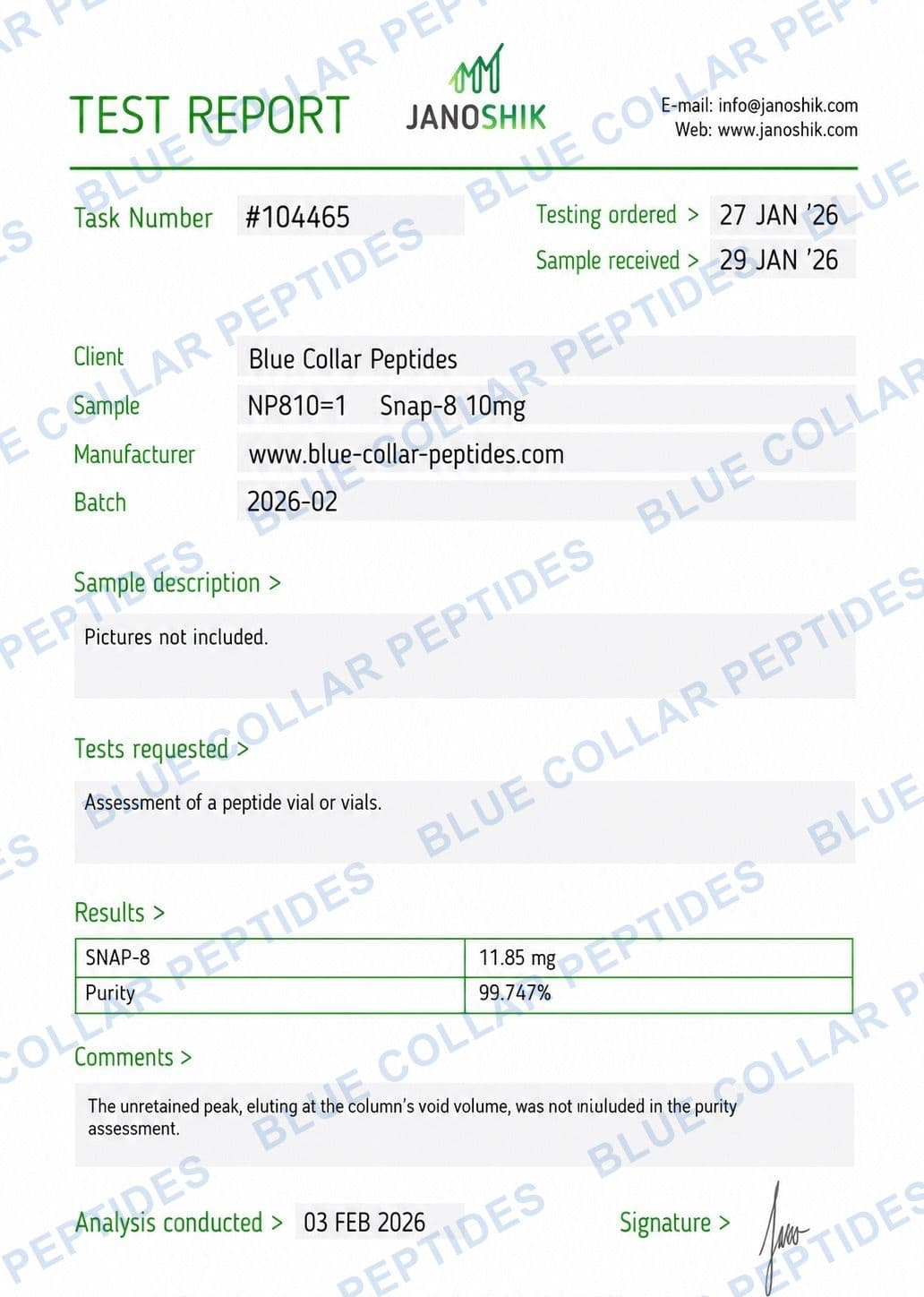 SNAP-8 10 mg Janoshik Certificate of Analysis task 104465