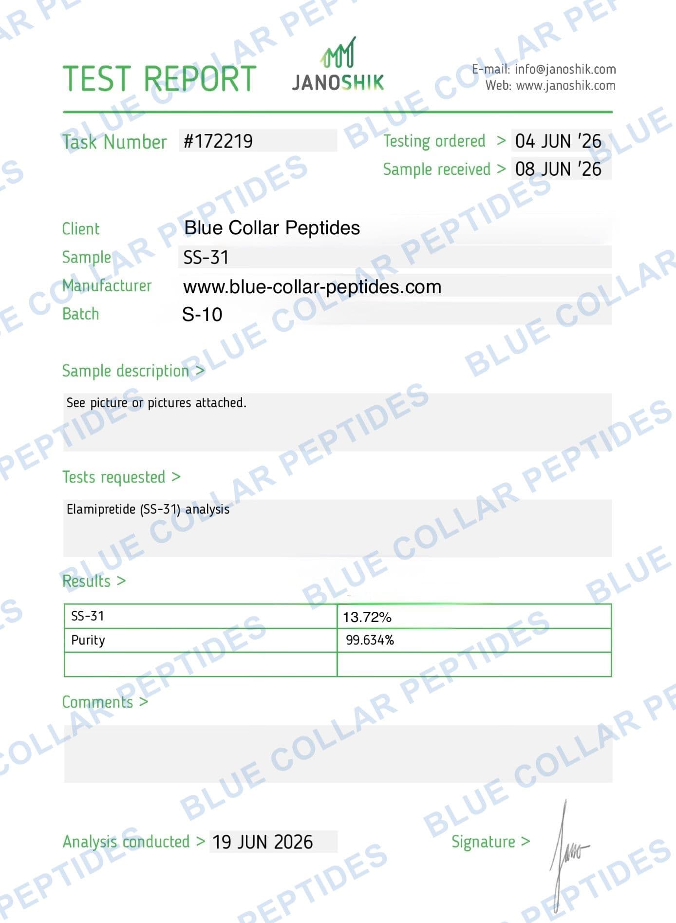 SS-31 10 mg Janoshik analytical report task 172219