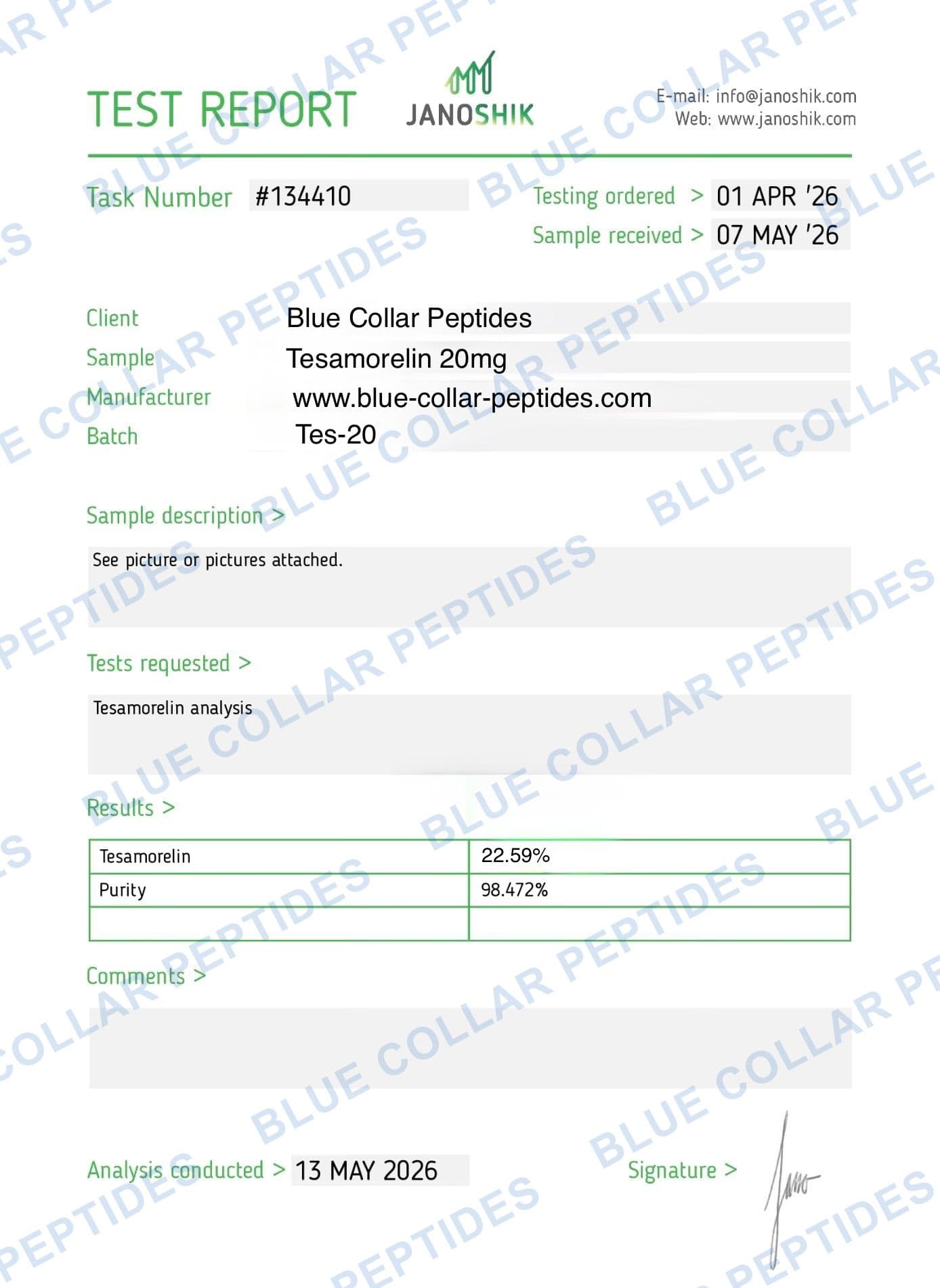 Tesamorelin 20 mg Janoshik analytical report task 134410