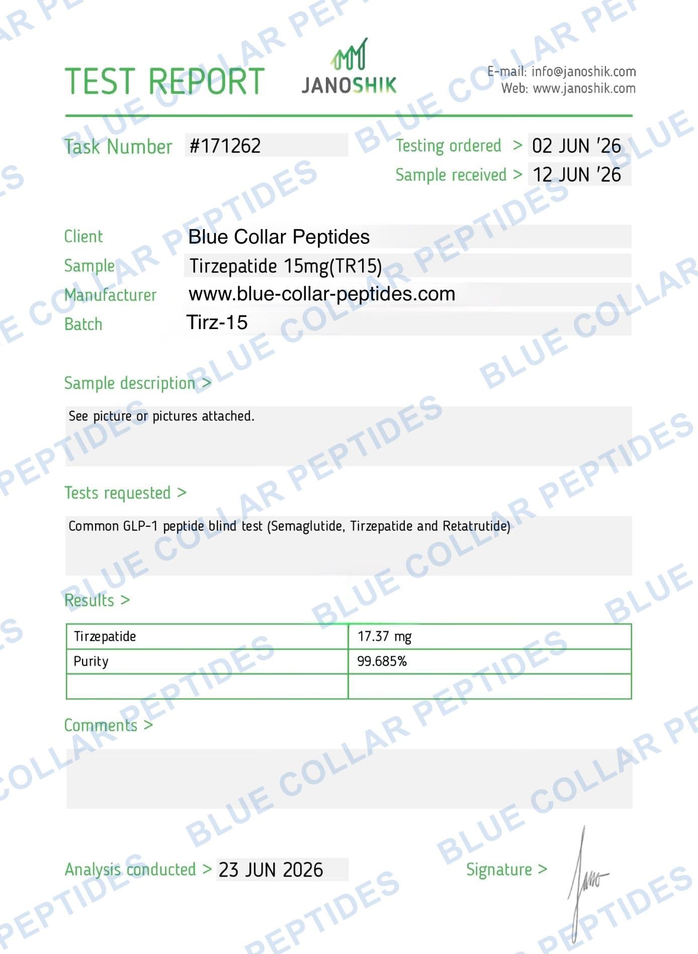 GLP-2TZ 15 mg Janoshik analytical report task 171262